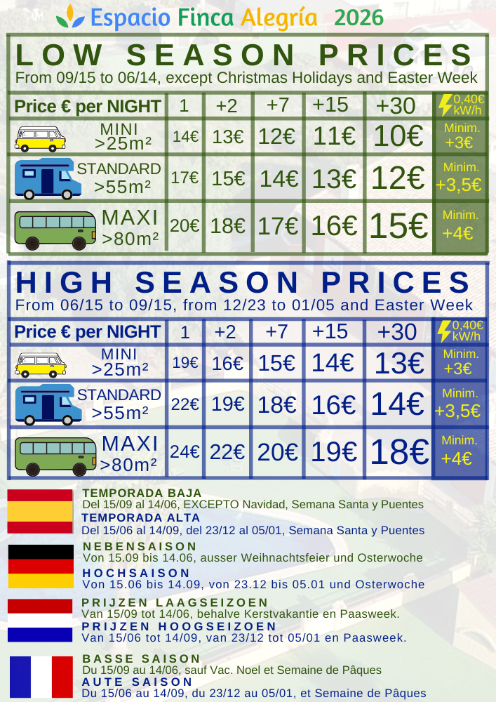 Precios camping Espacio Finca Alegría 2026